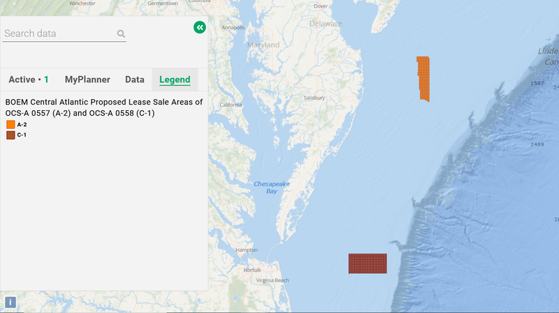 A map showing the two Central Atlantic proposed lease sale areasgend