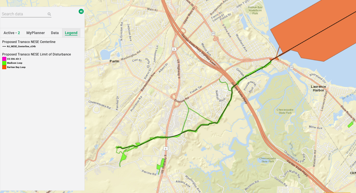 A map of a pipeline route making connection to land in New Jersey