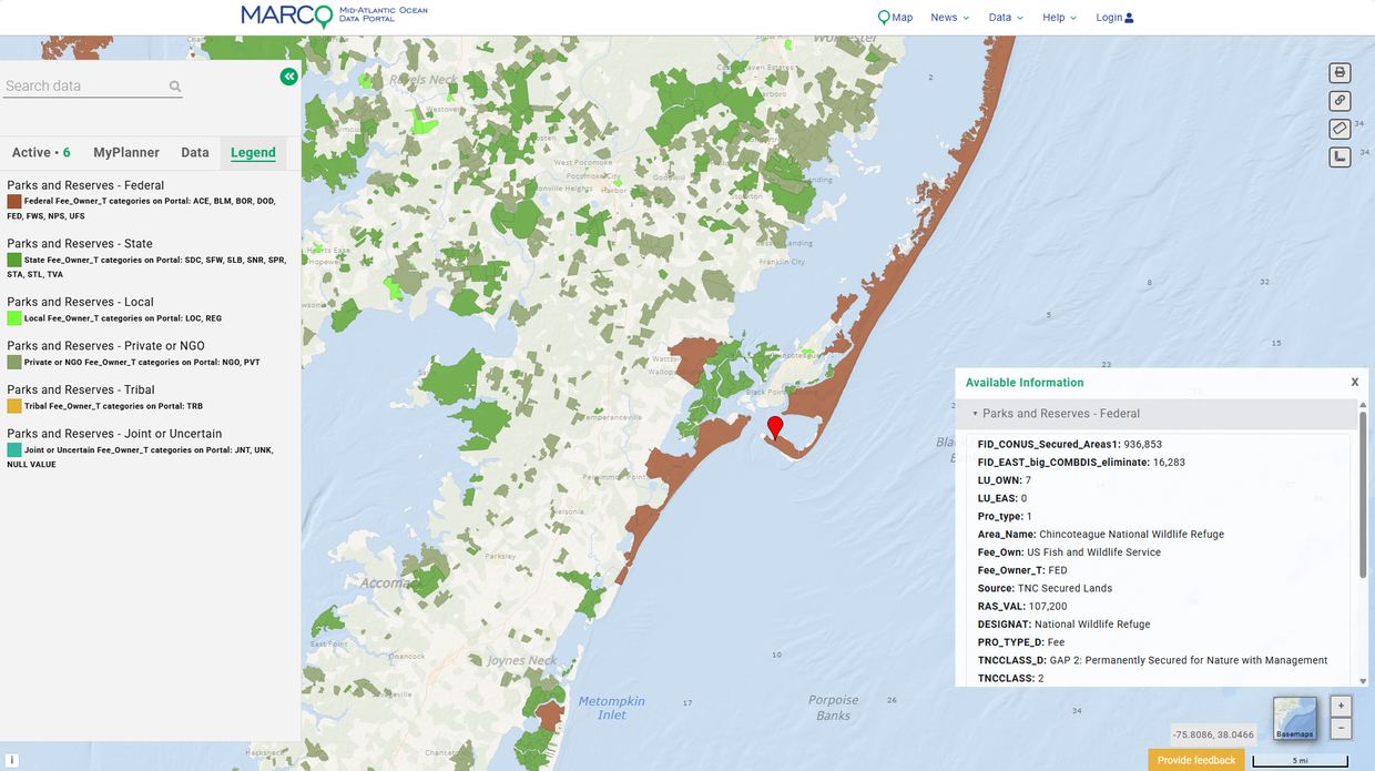 A map showing parks and open space tracts along the Maryland coast.