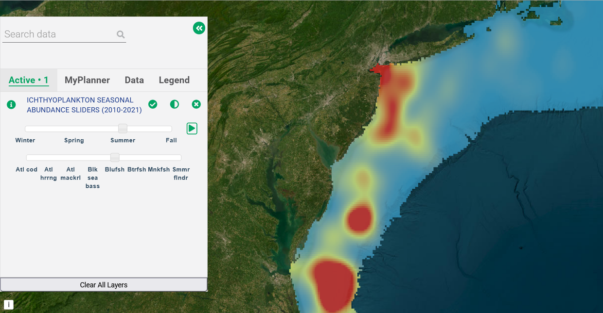 A map showing where ichthyoplankton is most abundant off the Mid-Atlantic coast.
