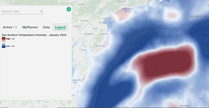 A map showing sea surface temperature anomalies in Mid-Atlantic Waters in January 2024