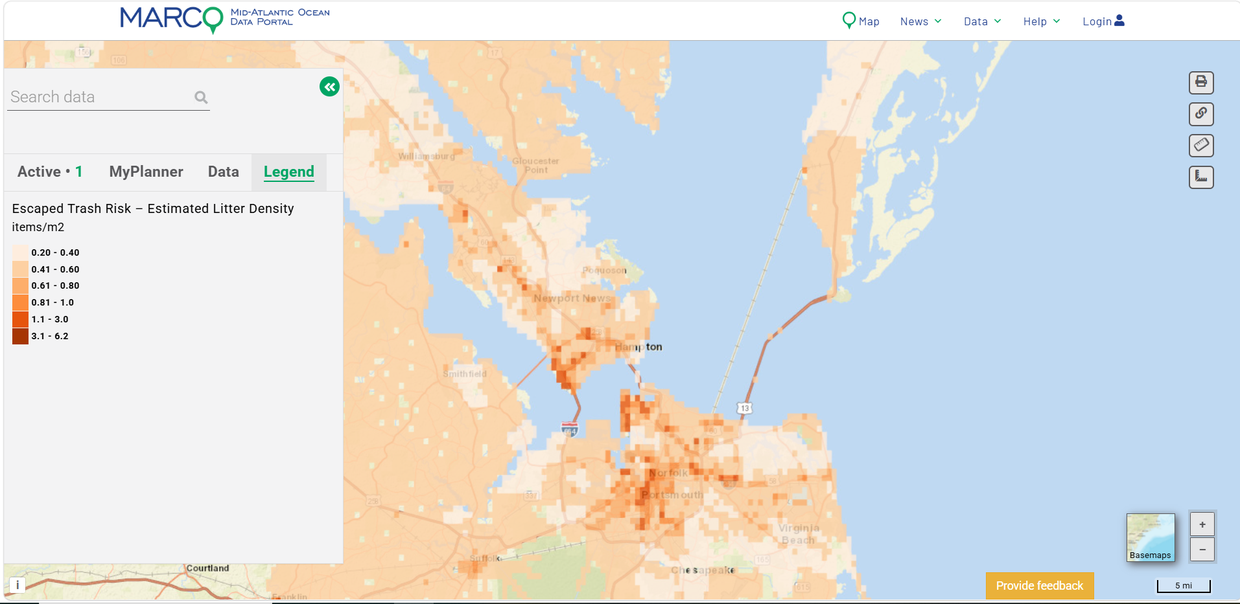 A map showing the estimated density of roadside trash in coastal Virginia.